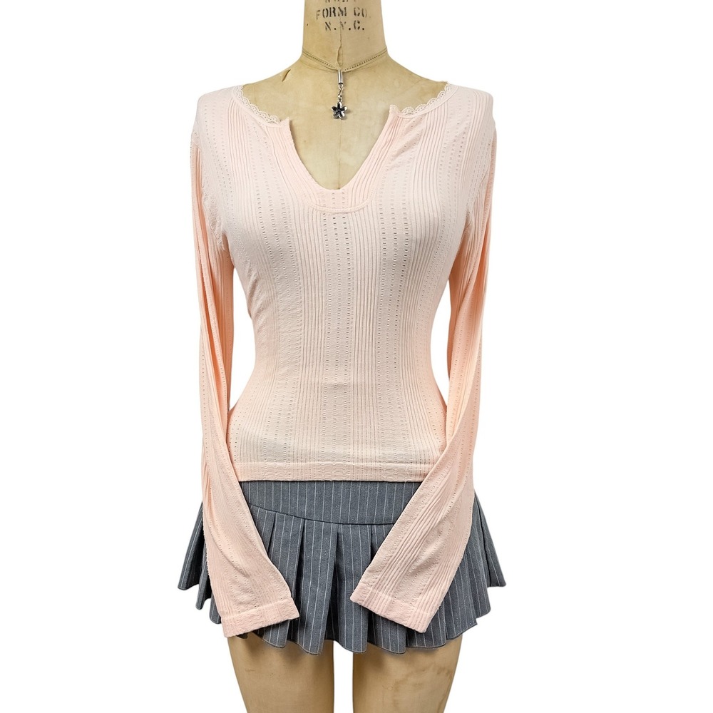 Y2K Ribbed Pointelle Knit Top Long Sleeve Lace Trim Notched Neck Soft Pink L